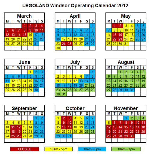LEGOLAND Windsor operating calendar 2012